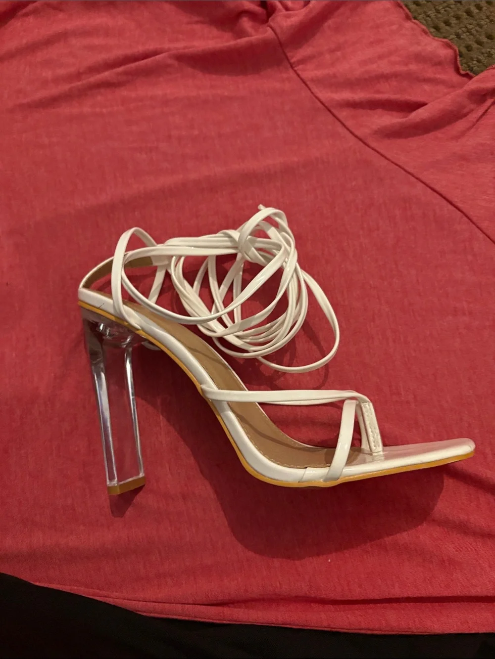White Lace-Up Clear Heel Sandals